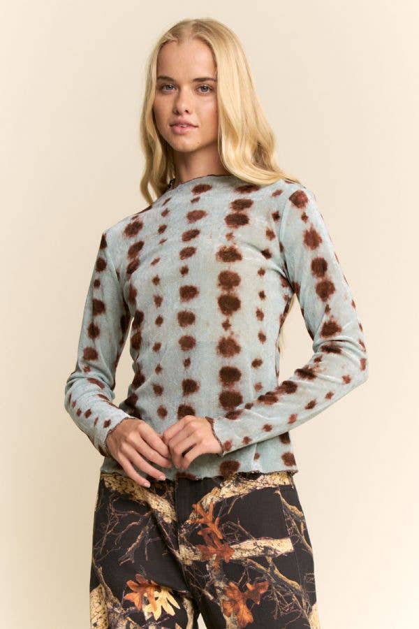 Blue Dot Mesh Tie Dye Long Sleeve Top