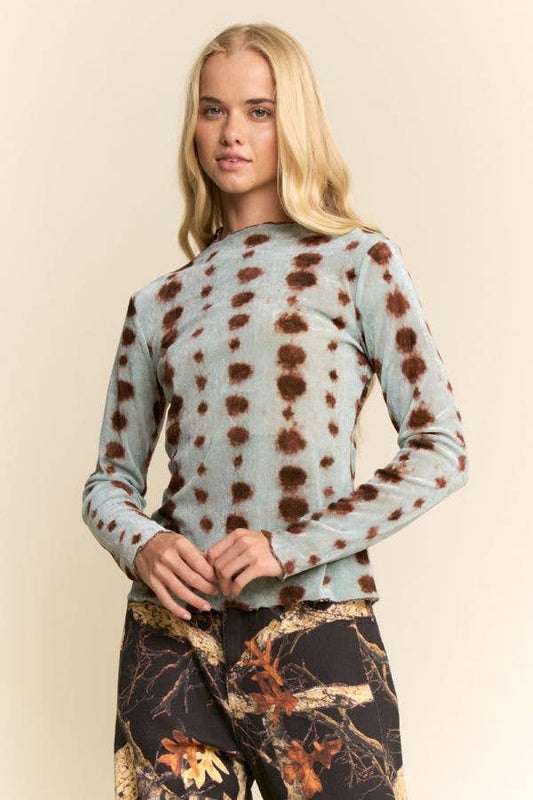 Blue Dot Mesh Tie Dye Long Sleeve Top