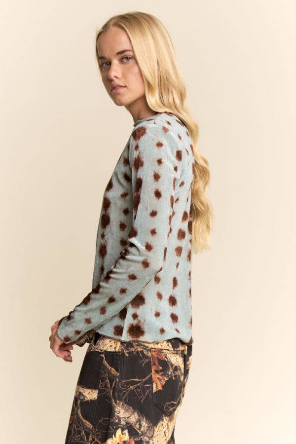 Blue Dot Mesh Tie Dye Long Sleeve Top