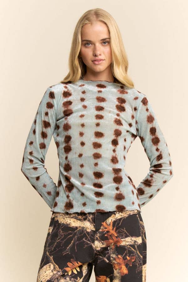 Blue Dot Mesh Tie Dye Long Sleeve Top