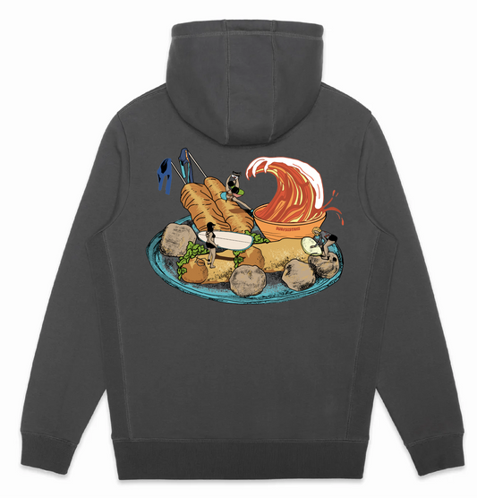 A slate hoodie with a graphic print on the back featuring a skate and surf theme, including asian streetfood and decorative elements.