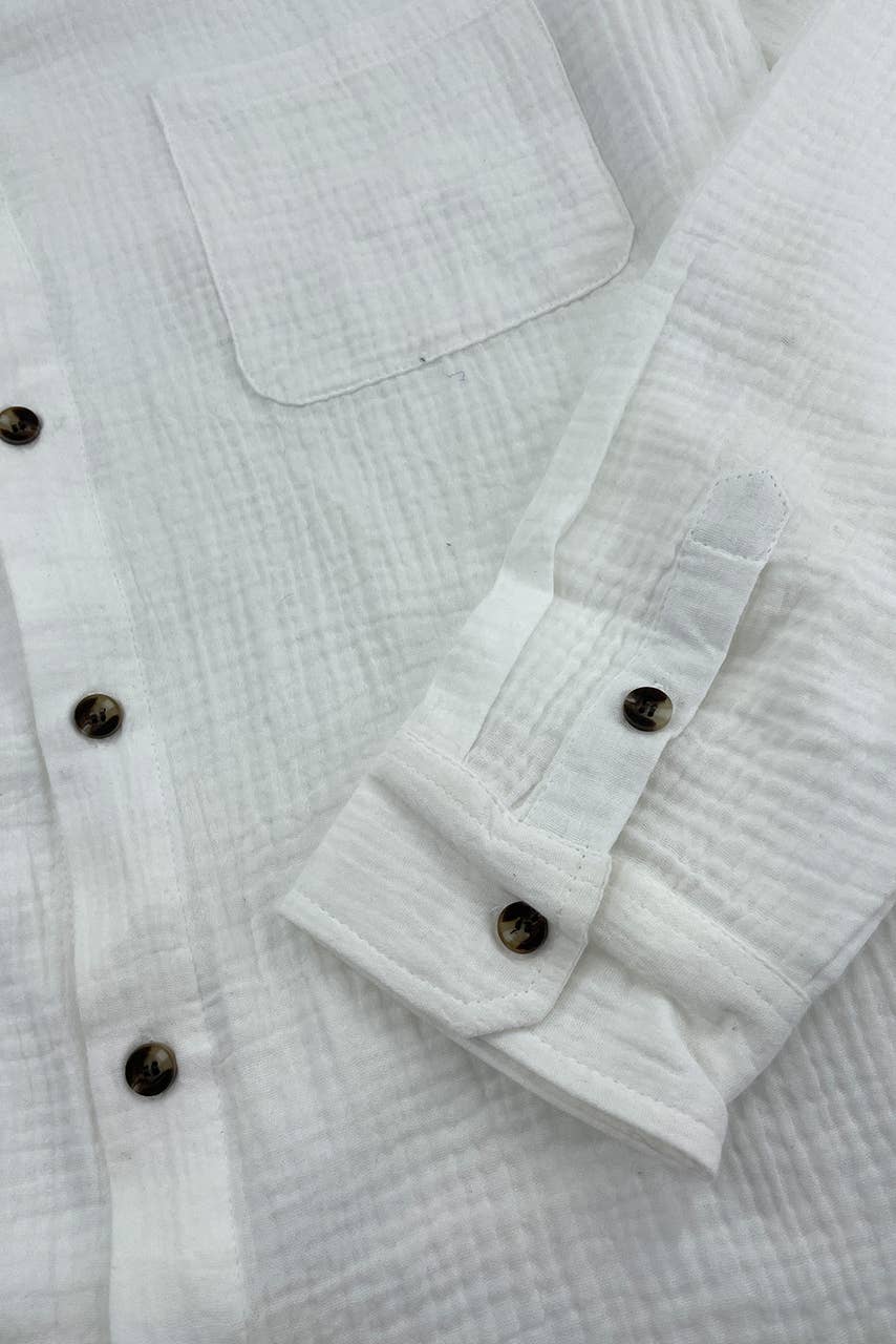 Men's White Cotton Gauze Button Down Longsleeve